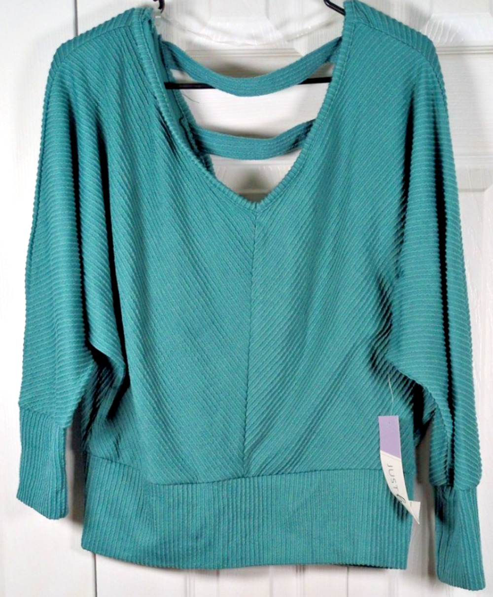 NWT Just Be Ribbed Dolman Top Womens L Teal Green Textured Double V-Neck Blouse